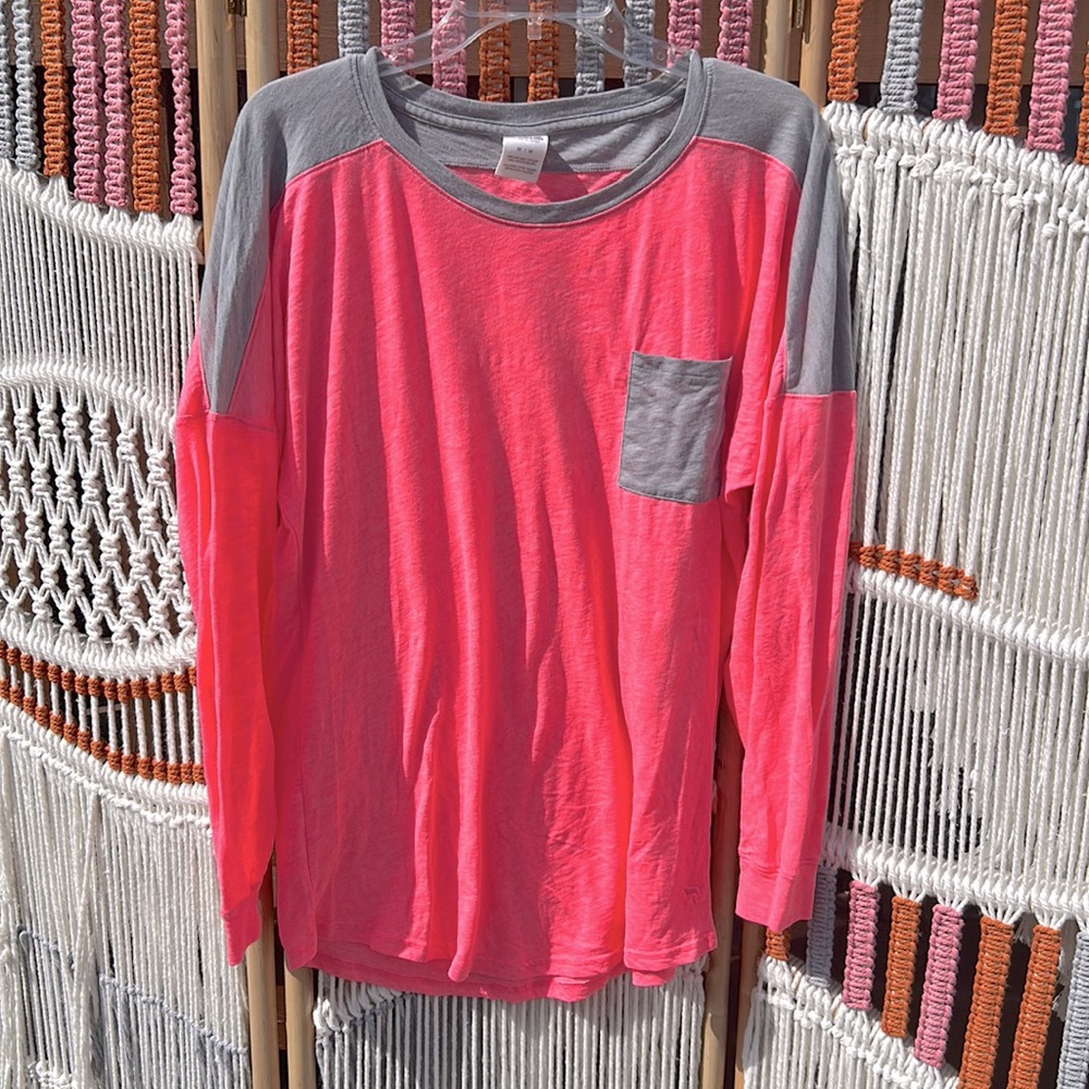 Pink by VS lightweight, long sleeve T-shirt, size medium in pink and gray